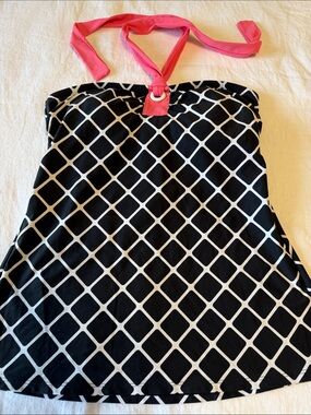 Beach House Black Swim Tankini with White Lattice Trim and pink neck Tory